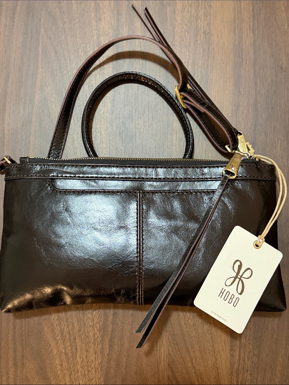HOBO Black Patent Leather Crossbody and Clutch in One